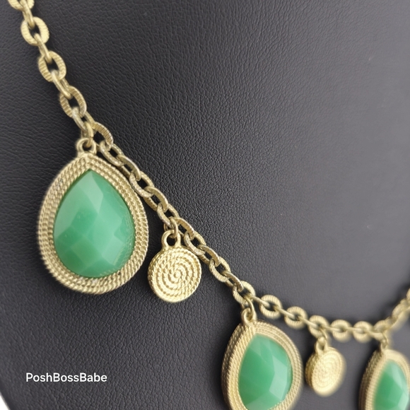 Gold & Green Stone Teardrop Charm Necklace - 16.5"-19.5" - Picture 3 of 8